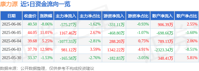 365体育唯一入口：康力源（301287）6月6日主力资金净卖出57527万元(图1)