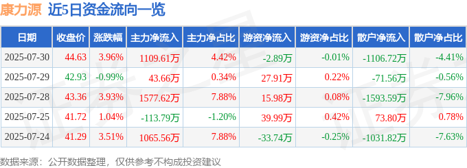 365体育唯一入口：康力源（301287）7月30日主力资金净买入110961万元(图1)