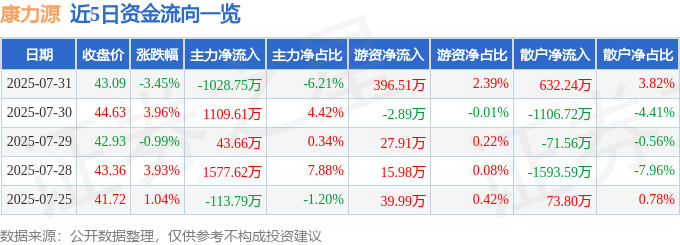 365体育唯一入口：康力源（301287）7月31日主力资金净卖出102875万元(图1)